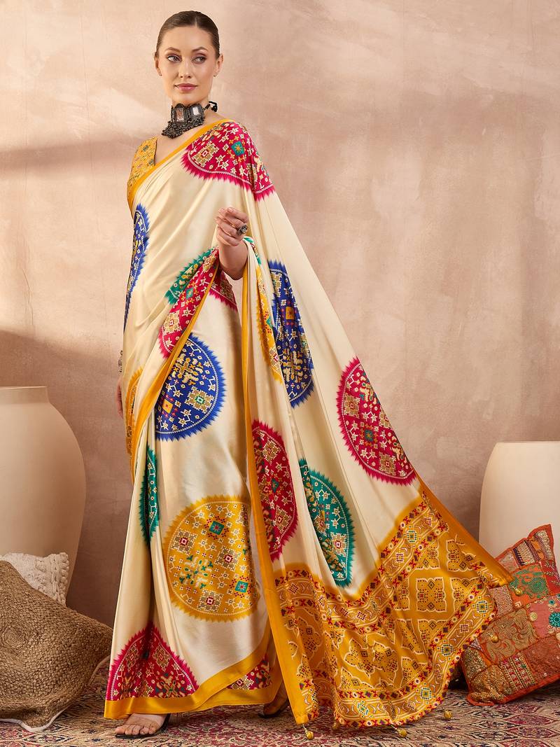 Yellow color ready to wear semi modal saree with unstitched designer blouse