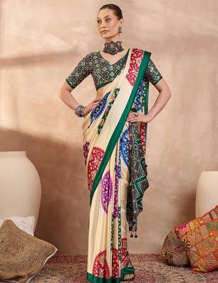 Green color Readymade semi modal saree with unstitched designer blouse 1