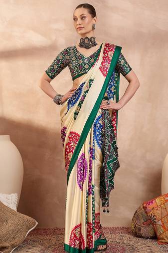 Green color Readymade semi modal saree with unstitched designer blouse