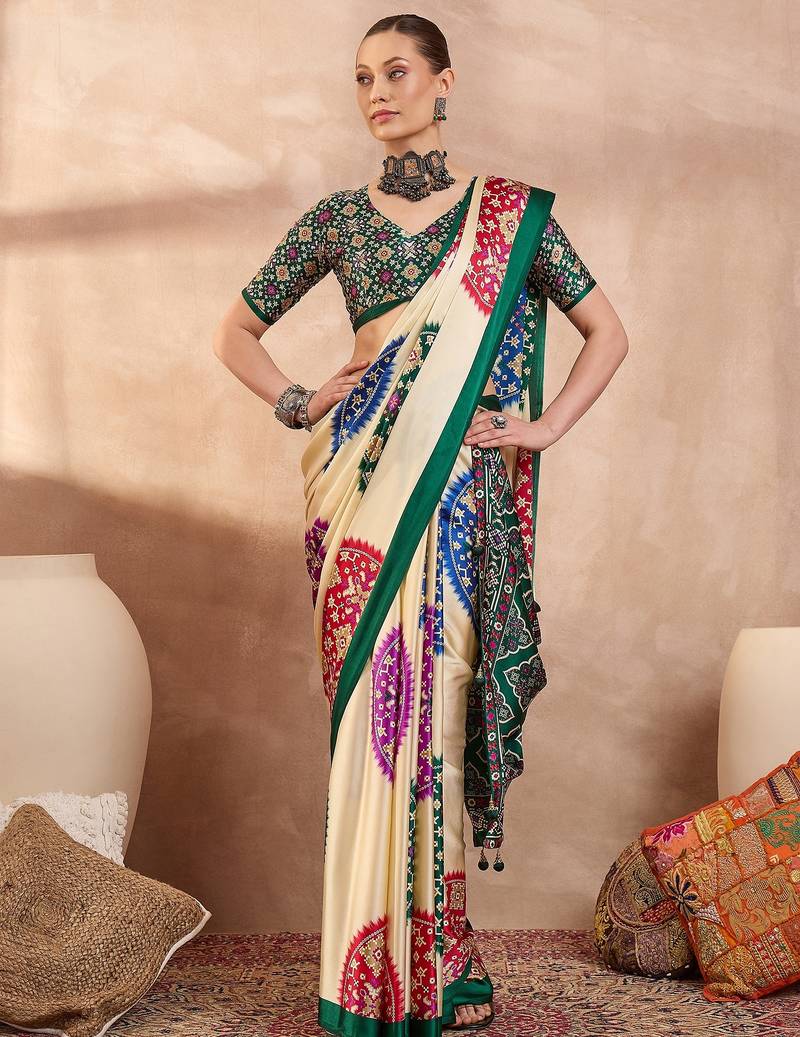 Green color ready to wear semi modal saree with unstitched designer blouse