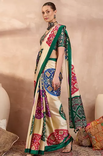 Green color Readymade semi modal saree with unstitched designer blouse