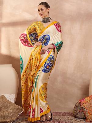 Yellow colorReadymade semi modal saree with unstitched designer blouse 4