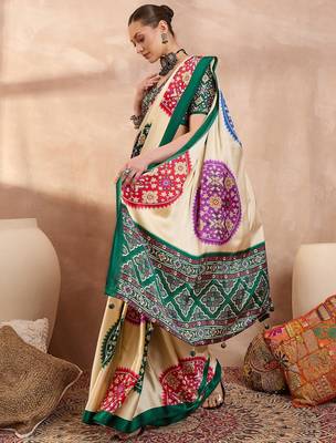 Green color Readymade semi modal saree with unstitched designer blouse 3