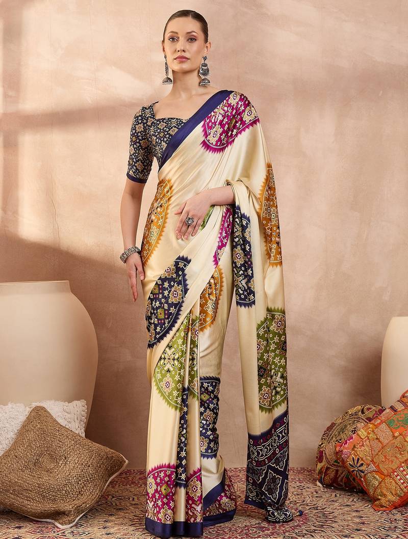 Blue color ready to wear semi modal saree with unstitched designer blouse