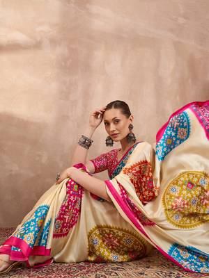 Pink color Readymade semi modal saree with unstitched designer blouse 2