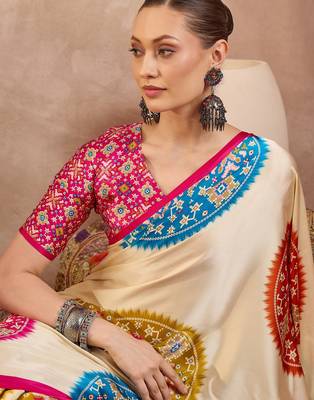 Pink color Readymade semi modal saree with unstitched designer blouse 3