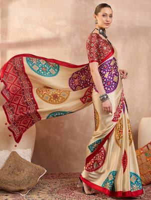 Red color Readymade semi modal saree with unstitched designer blouse 1