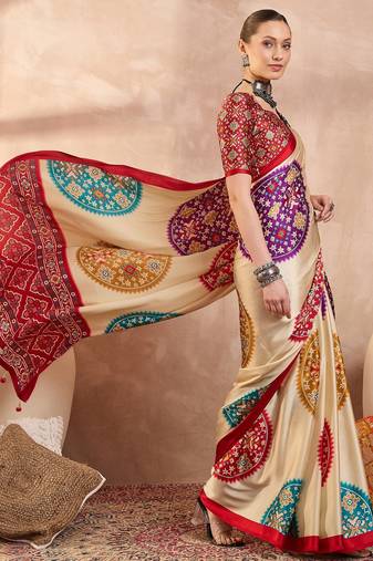 Red color Readymade semi modal saree with unstitched designer blouse