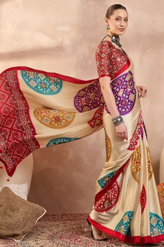 Red color ready to wear semi modal saree with unstitched designer blouse