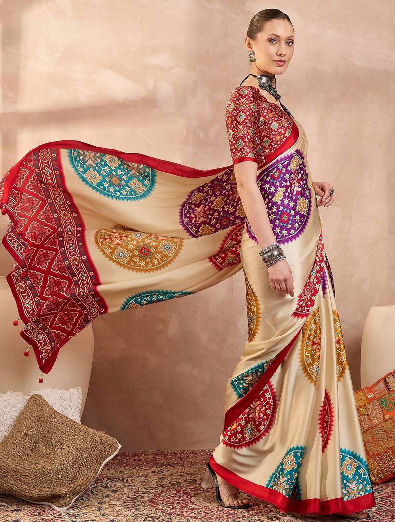 Red color ready to wear semi modal saree with unstitched designer blouse