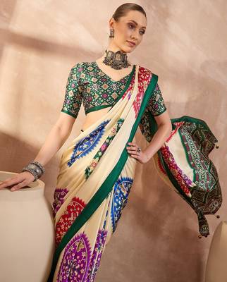 Green color Readymade semi modal saree with unstitched designer blouse 4