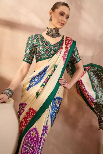 Green color Readymade semi modal saree with unstitched designer blouse
