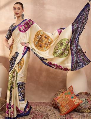 Blue color Readymade semi modal saree with unstitched designer blouse 3