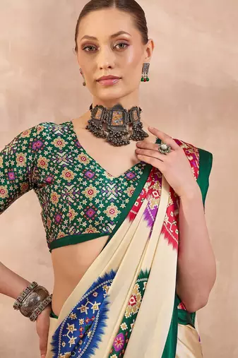 Green color Readymade semi modal saree with unstitched designer blouse