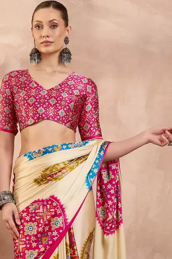 Pink color Readymade semi modal saree with unstitched designer blouse