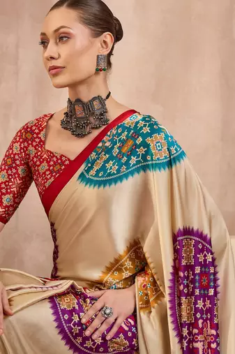 Red color Readymade semi modal saree with unstitched designer blouse