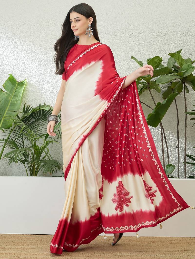 Red color ready to wear semi modal saree with unstitched designer blouse