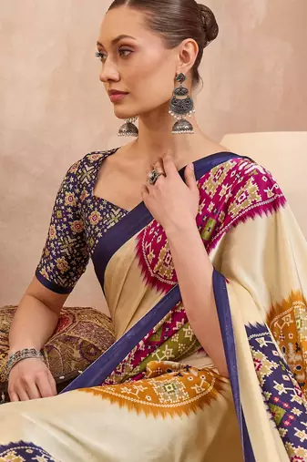 Blue color Readymade semi modal saree with unstitched designer blouse