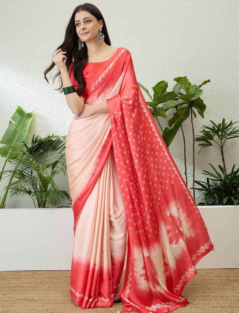 Pink color ready to wear semi modal saree with unstitched designer blouse