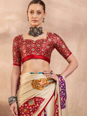 Red color Readymade semi modal saree with unstitched designer blouse 5