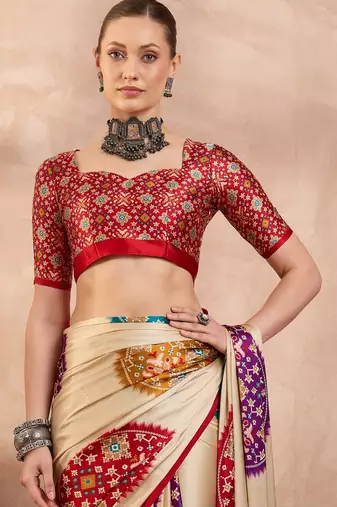 Red color Readymade semi modal saree with unstitched designer blouse
