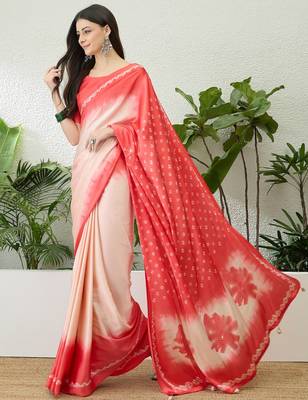 Pink color Readymade semi modal saree with unstitched designer blouse 2