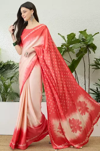 Pink color Readymade semi modal saree with unstitched designer blouse