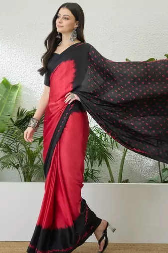 black pre-stitched semi modal saree with designer blouse