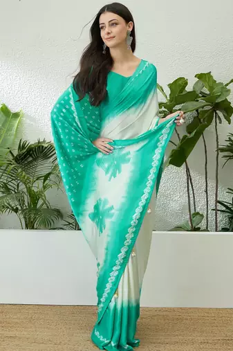 Teal color Readymade semi modal saree with unstitched designer blouse