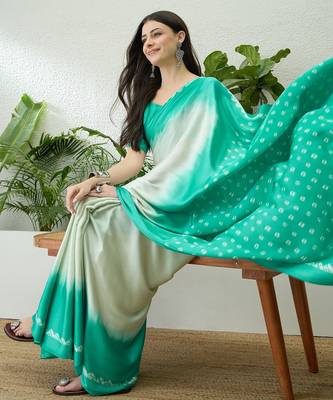 Teal color Readymade semi modal saree with unstitched designer blouse 3