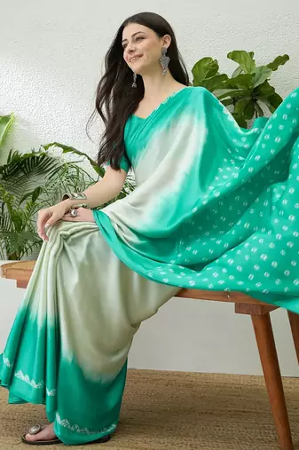 Teal color Readymade semi modal saree with unstitched designer blouse