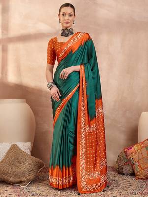 Green color Readymade semi modal saree with unstitched designer blouse 1