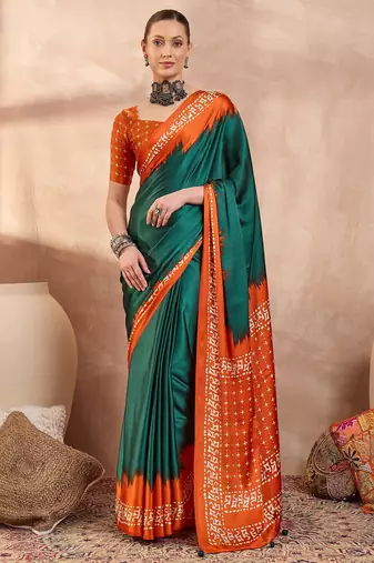 Green color ready to wear semi modal saree with unstitched designer blouse