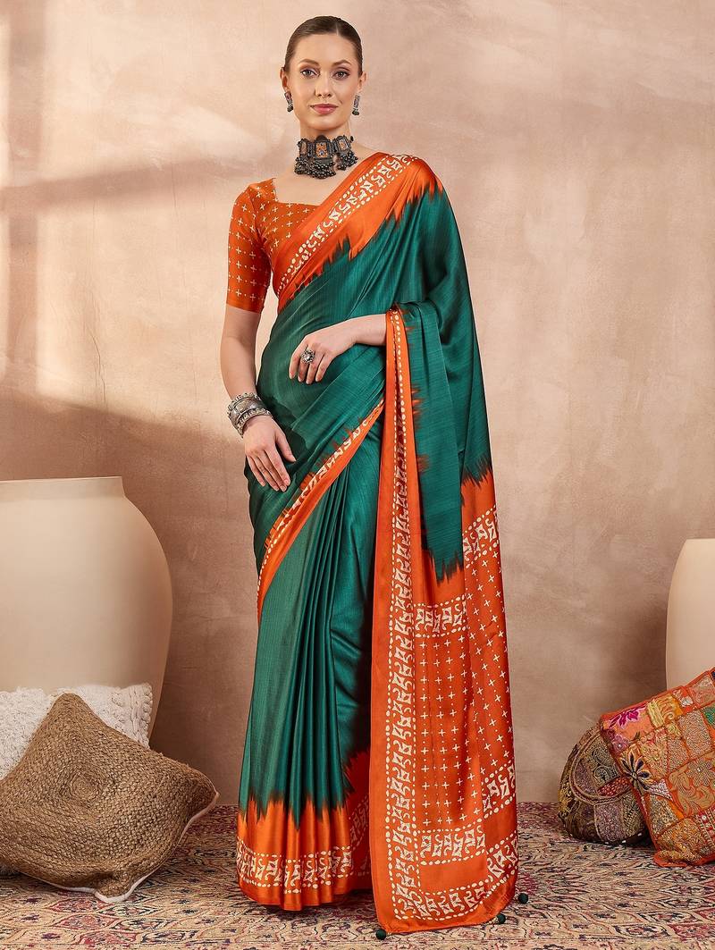 Green color ready to wear semi modal saree with unstitched designer blouse