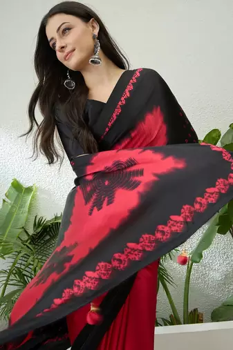 black pre-stitched semi modal saree with designer blouse
