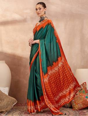 Green color Readymade semi modal saree with unstitched designer blouse 2