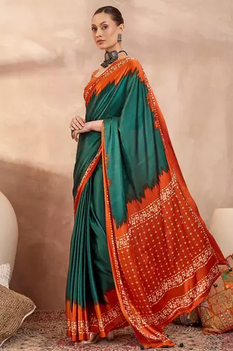 Green color Readymade semi modal saree with unstitched designer blouse