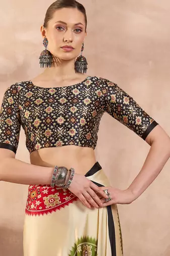 Black color Readymade semi modal saree with unstitched designer blouse
