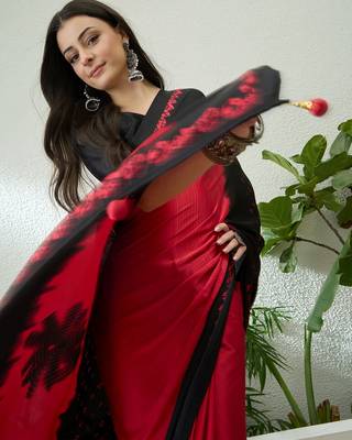 black pre-stitched semi modal saree with designer blouse 5