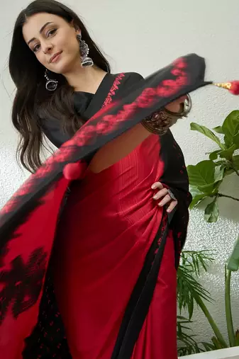 black pre-stitched semi modal saree with designer blouse