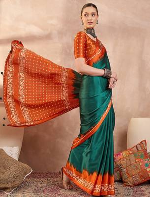 Green color Readymade semi modal saree with unstitched designer blouse 3