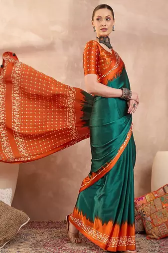 Green color Readymade semi modal saree with unstitched designer blouse