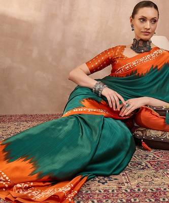 Green color Readymade semi modal saree with unstitched designer blouse 4