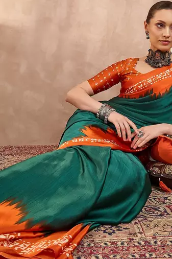 Green color Readymade semi modal saree with unstitched designer blouse