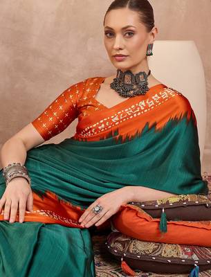 Green color Readymade semi modal saree with unstitched designer blouse 5