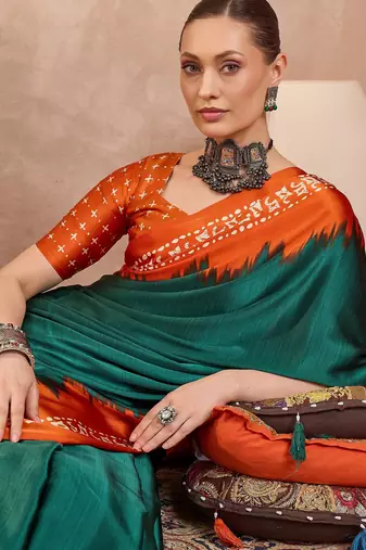 Green color Readymade semi modal saree with unstitched designer blouse