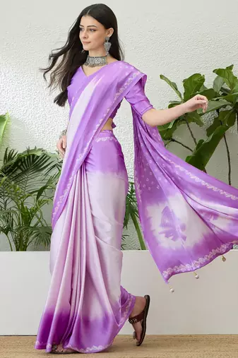 Lavender color ready to wear semi modal saree with unstitched designer blouse