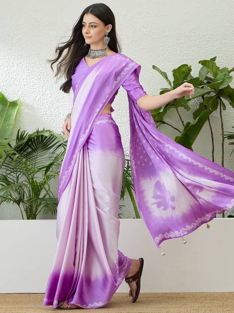 Lavender color ready to wear semi modal saree with unstitched designer blouse