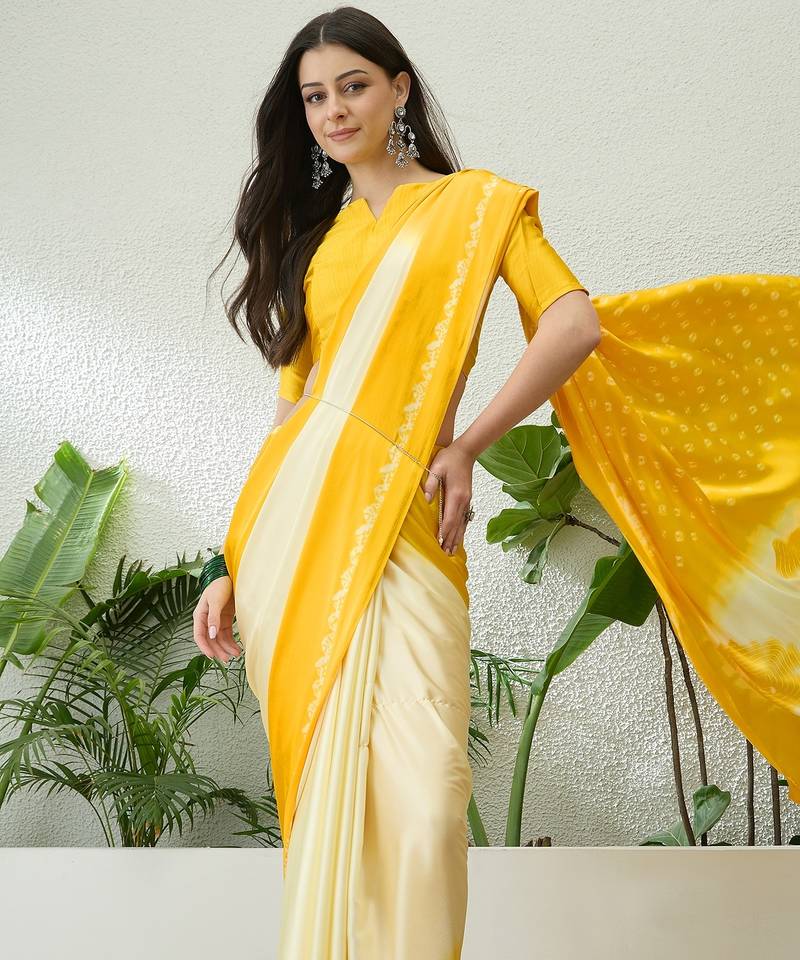 Yellow color ready to wear semi modal saree with unstitched designer blouse