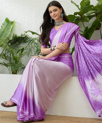Lavender color Readymade semi modal saree with unstitched designer blouse 3
